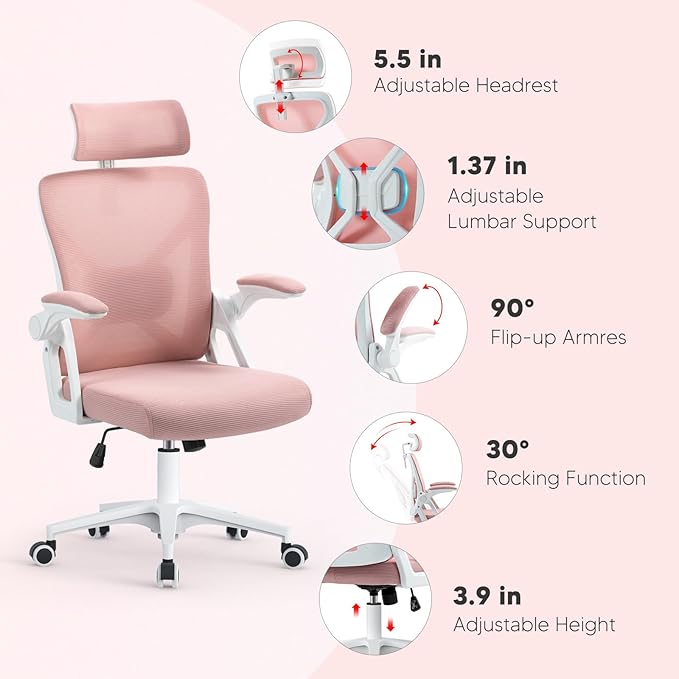 SEATZONE Ergonomic Office Chair Mesh Back Support Desk Chairs with Wheels and Flip-up Arms, Comfortable Computer Chair Lumbar Support for Teens and Adults,Light Pink
