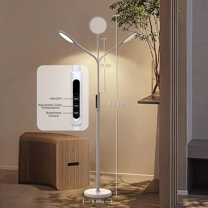 Syrinx 3 in 1 LED Floor Lamp, Desk Lamp, Clamp-on Lamp With Remote Control, 5 Brightness Levels & 5 Colors Temperatures, Dimmable, Adjustable Gooseneck Pole Lamp for Living Room Office Bedroom - White
