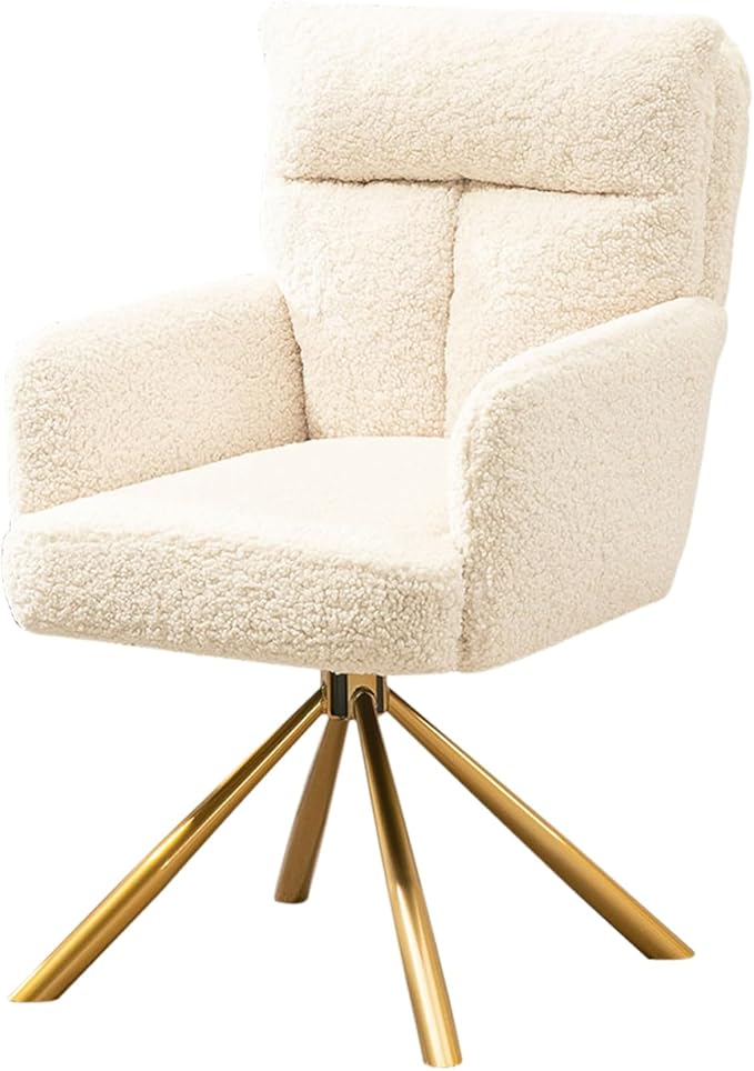 Teddy Office Desk Chair No Wheels, Modern Vanity Chair with Gold Legs, Boucle Accent Chair, Wide Seat Computer Task Reading Armchair for Home Office (Beige)