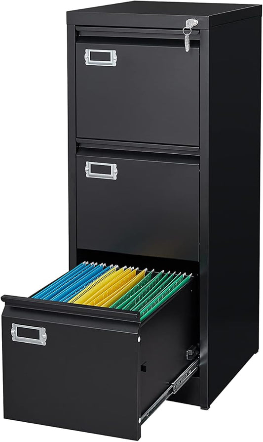Metal Vertical File Storage Cabinet, 3 Drawer File Cabinet with Lock, 18" Deep Vertical Filing Cabinets for A4 Legal/Letter Size, Assembly Required (3 Drawer - Black)
