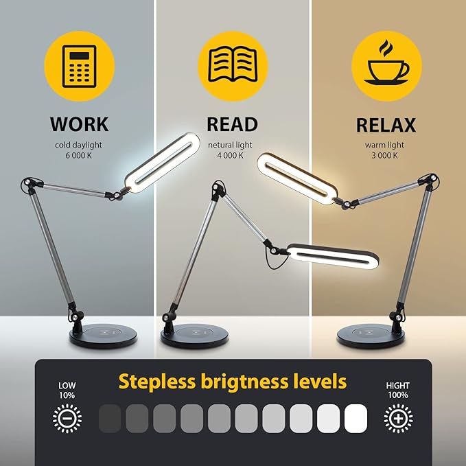 OTUS LED Desk Lamp for Home Office with Wireless Charger | 3 Color & 12 Dimmable Levels | Tall Architect Desk Lamp Adjustable Swing Arm | Eye-Care Task Table Lamp for Reading, Study & Video Calls