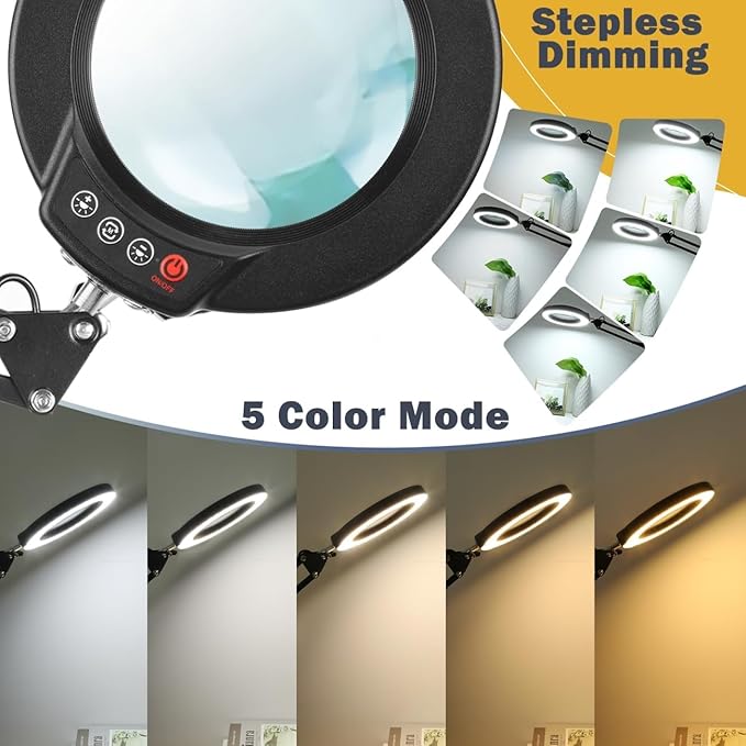 LANCOSC 10X Magnifying Glass with Light and Clamp, 5 Color Modes Stepless Dimmable Lighted Magnifier with Light, Adjustable Swing Arm LED Desk Lamp Hands Free for Close Work Crafts Repair Painting