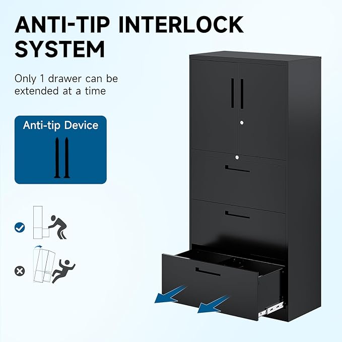 Vertical/Horizontal File Cabinet - 3-Drawer, Locking Metal Cabinet for Home Office, Storage for Legal/Letter/A4 Files - Assemble Required (Black)