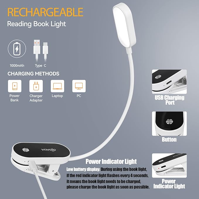 VAVOFO Rechargeable Book Light, 14 LEDs Eye Care Clip On Amber Reading Light for Bookworms Reading in Bed with 9 Colors 9 Brightness (White-Black)
