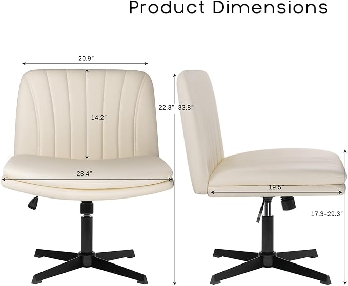 PUKAMI Criss Cross Legged Office Chair,Armless Office Desk Chair No Wheels,PU Leather Modern Swivel Vanity Chair,Height Adjustable Wide Seat Mid Back Computer Task Chair for Home Office