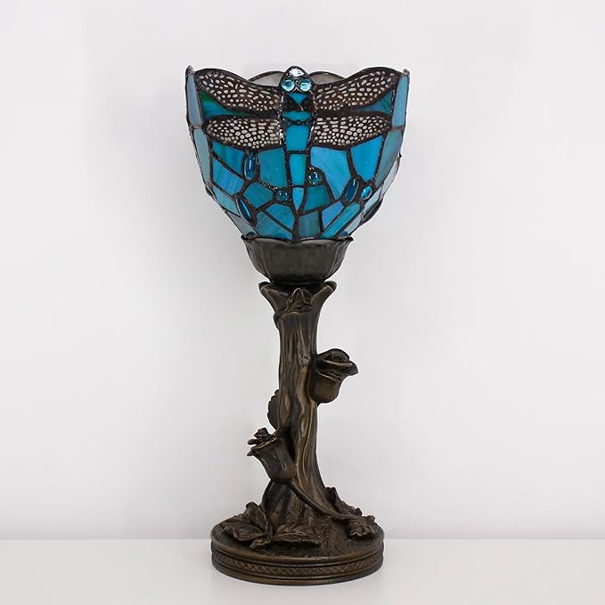 Small Tiffany Lamp Stained Glass Table Lamp Desk Uplight 6X6X13.5 Inch for Bedroom Bedside Office (Green Dragonfly)