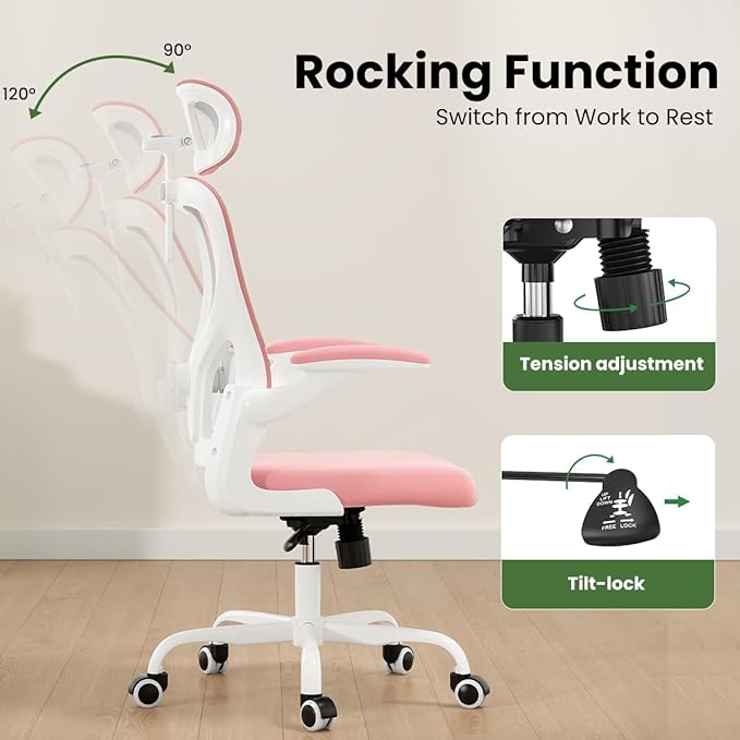 Soohow Ergonomic Office Chair, Office Mesh Desk Chair with Adjustable Lumbar Support Armrests, Comfy Computer Desk Chair with Headrest, for Home and Office, White & Pink