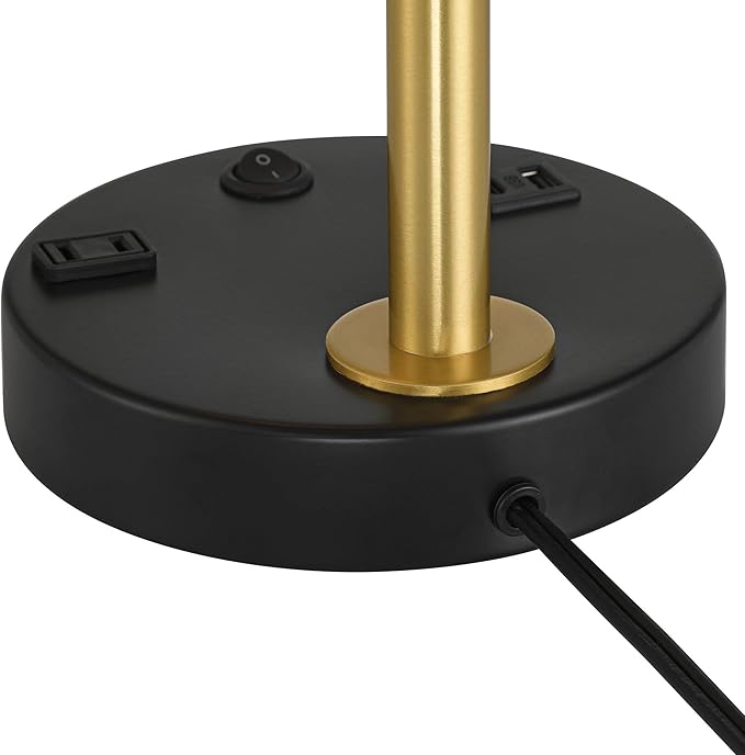 Possini Euro Design Keller 24" High Small Modern Desk Lamp USB Port AC Power Outlet Black Gold Brass Finish Metal Single Shade Home Office Living Room Charging Bedroom Bedside Nightstand House