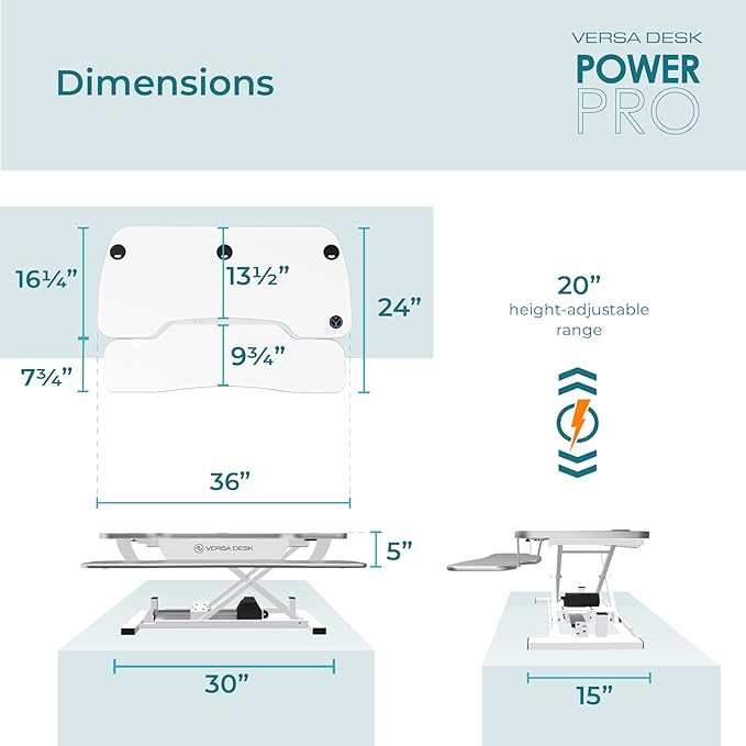 VERSADESK® PowerPro™ Electric Standing Desk Converter - Height Adjustable Desk Riser with Keyboard Tray - Holds 80 lbs - Built-in USB Charging Port - Ergonomic Sit Stand Workstation | White (36 inch)