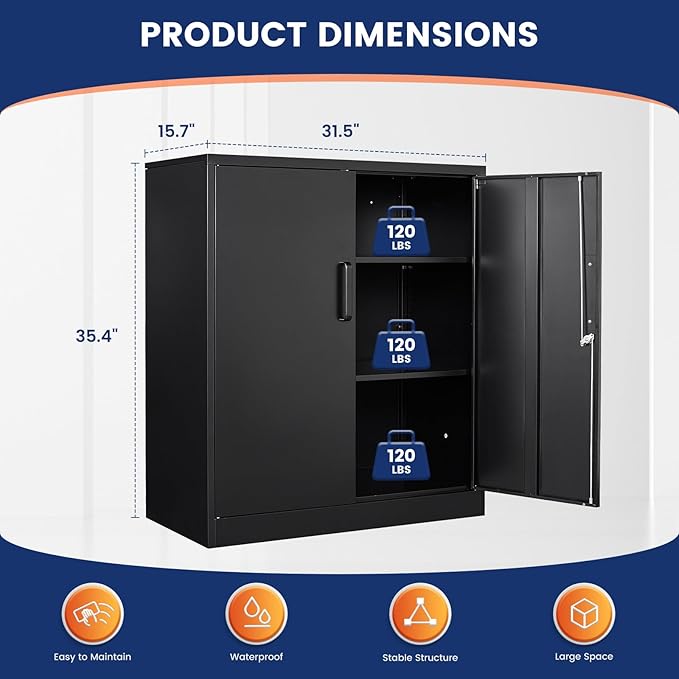 Yizosh Metal Garage Storage Cabinet with 2 Doors and 2 Adjustable Shelves - 35.5" Steel Lockable File Counter Cabinet for Home Office,Garage,Gym,School(Black)