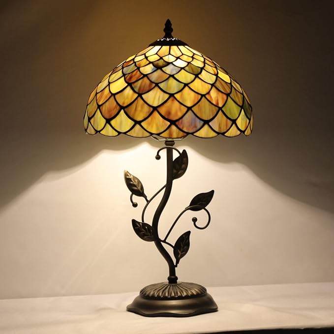 Tiffany Lamp Fish Scales Style Stained Glass Table Lamp Desk Bedside Reading Light 12X12X19 Inches with Metal Leaf Base Decor Bedroom Living Room