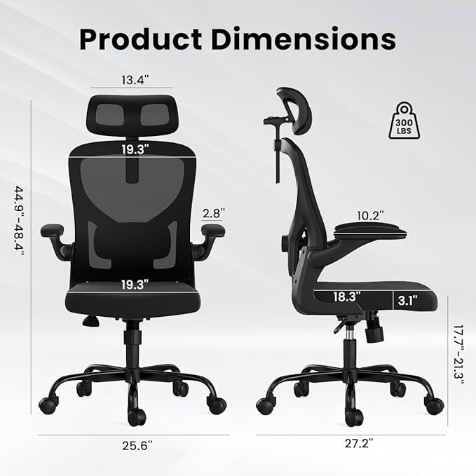 Soohow Ergonomic Office Chair, Office Mesh Desk Chair with Adjustable Lumbar Support Armrests, Comfy Computer Desk Chair with Headrest, for Home and Office, Black & Black