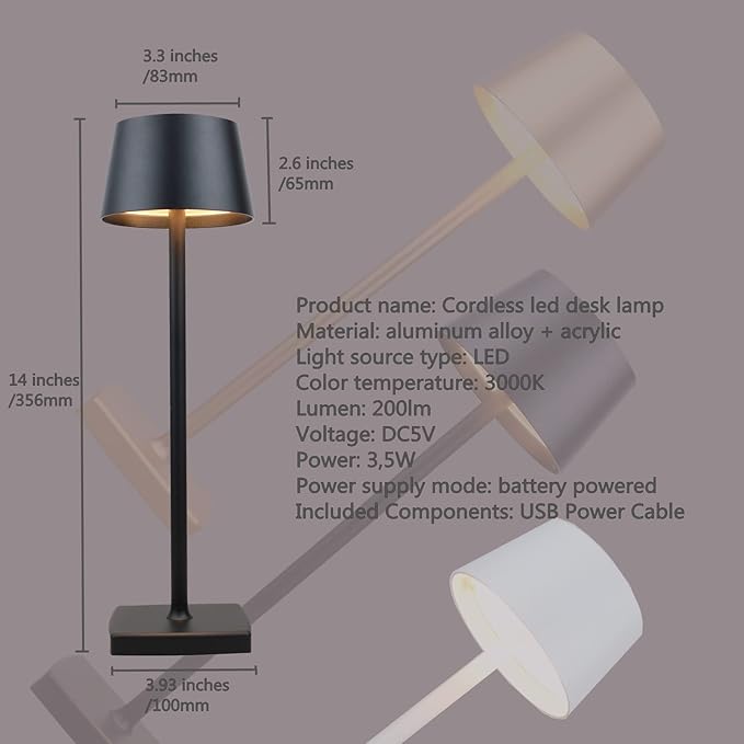 Rechargeable led Cordless Desk lamp,Aluminum, dimmable, Suitable for Indoor and Outdoor Lighting Black