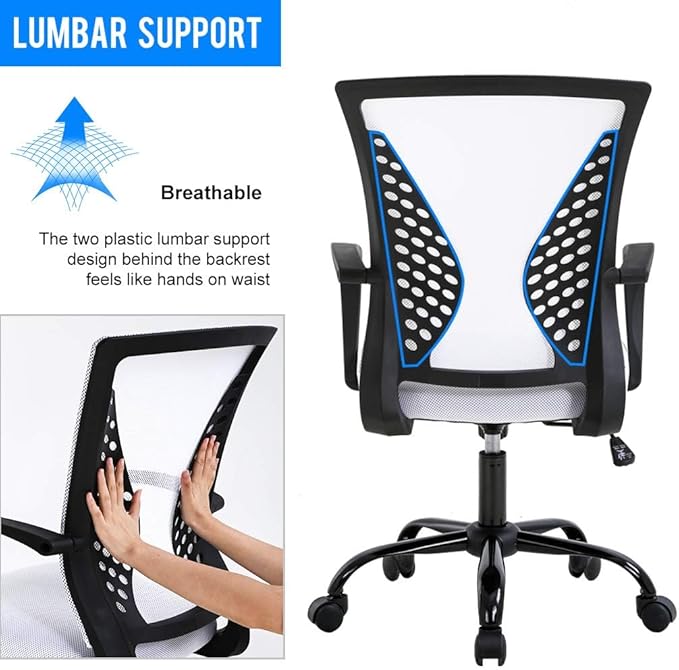 Mesh Office Chair Ergonomic Desk Chair Computer Chair with Lumbar Support Armrest Rolling Swivel Task Mid Back Adjustable Chair for Women Adults, White