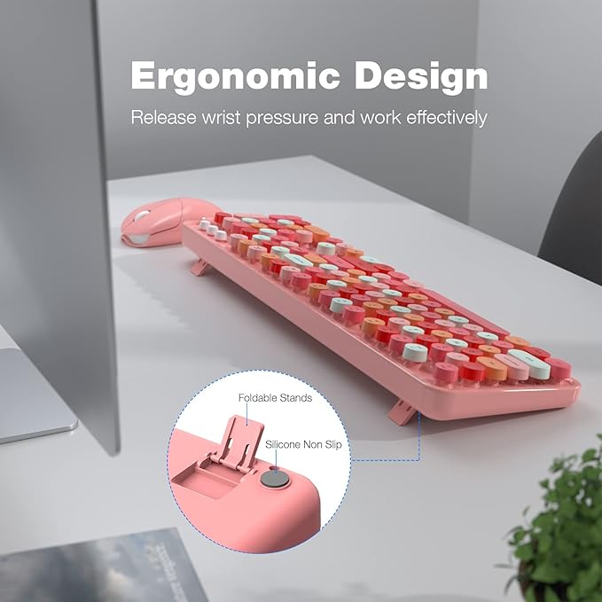 Wireless Keyboard and Mouse Combo - GEEZER Peach Pink Full-Sized Colorful Keyboard 104 Keys - USB 2.4 G Receiver Plug and Play with Round Keycap Typewriter Keyboards, for Windows, PC, Laptop, Desktop