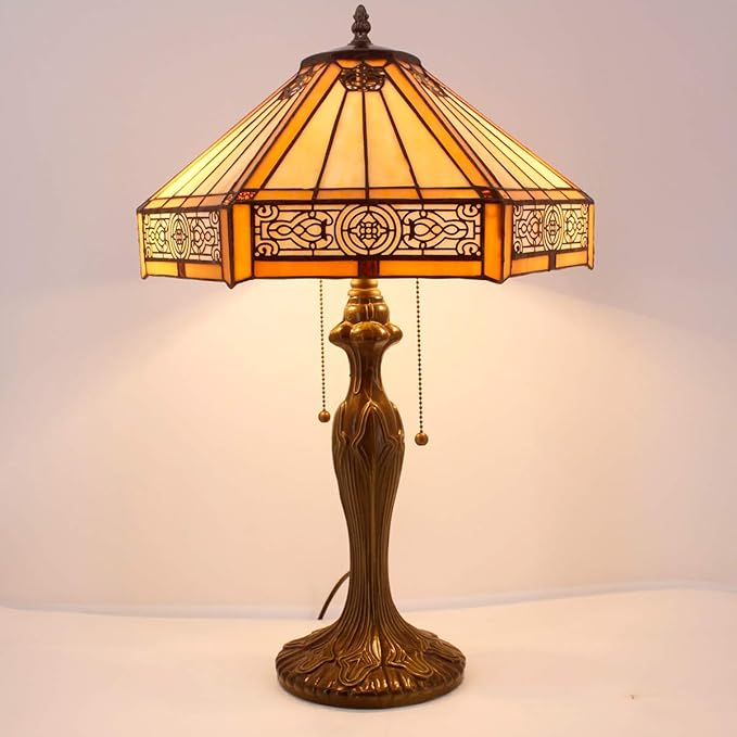 WERFACTORY Tiffany Table Lamp Yellow Hexagon Stained Glass Bedside Lamp Mission 16X16X24 Inches Desk Reading Light Metal Base Decor Bedroom Living Room Home Office S011 Series