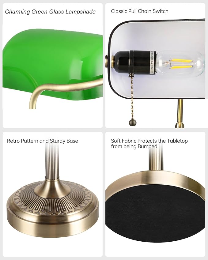 Newrays Glass Bankers Desk Lamp with Pull Chain Switch Plug in Fixture (Green-Simple, Simple Style)