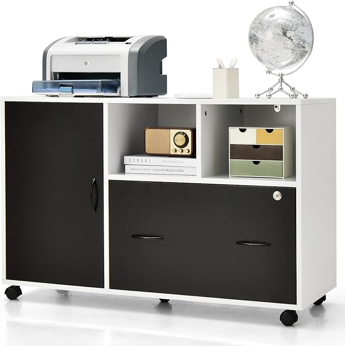 Giantex Mobile File Cabinet on Wheels - Lateral Filing Cabinet w/Drawer, Open Shelves, Single Door, Lockable Wheels, 40” Printer Stand for Letter/Legal/A4 Size Files, Home Office Storage Cabinet