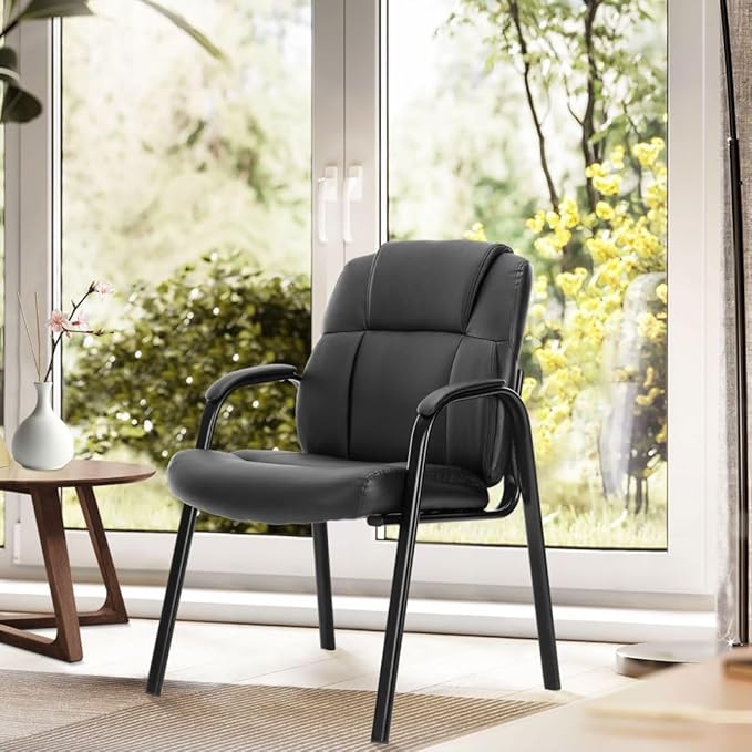 PU Leather Conference Room Chair, Tall Back Chairs with with Padded Arms and No Wheels, Guest Chair for Reception Waiting Room Black