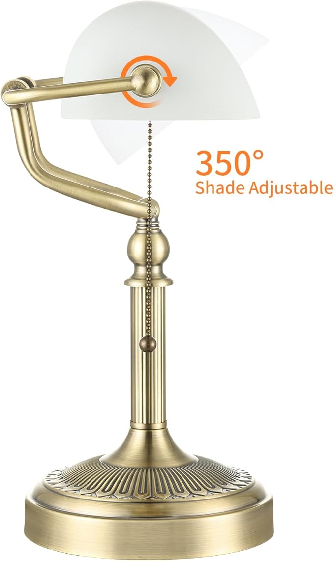 Newrays Glass Bankers Desk Lamp with Pull Chain Switch Plug in Fixture (Matted White +Green Bronze Base, Classic)