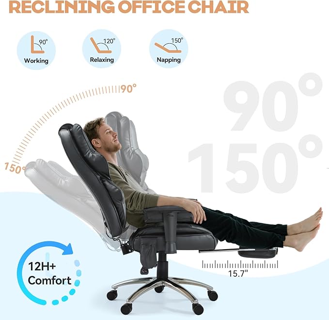 Massage Office Chair with Foot Rest, Ergonomic Executive Heated Office Chair with Reclining Backrest, Adjustable Arms and Lumbar Support, High Back Leather Desk Chairs for Home Office, Black
