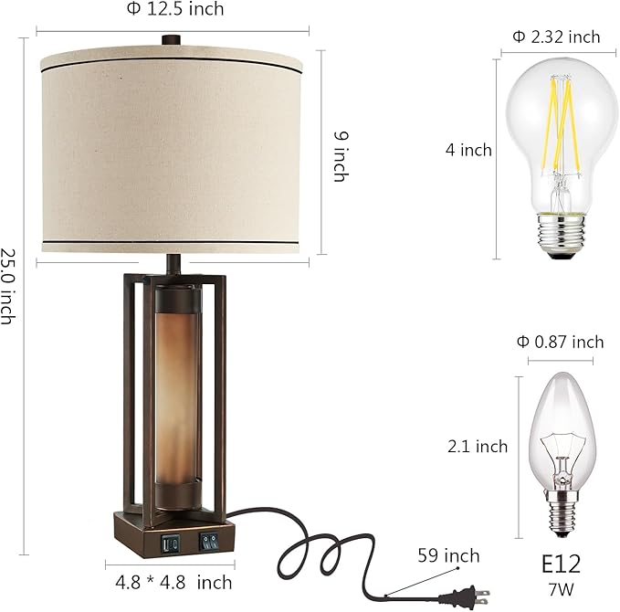 Rustic Table Lamps for Living Room with USB C+A Ports, Farmhouse Vintage Nightstand Lamp with Amber Acrylic Night Light, Retro Desk Lamp for Bedroom Entryway Dorm, 2 Bulbs Included (Brown)