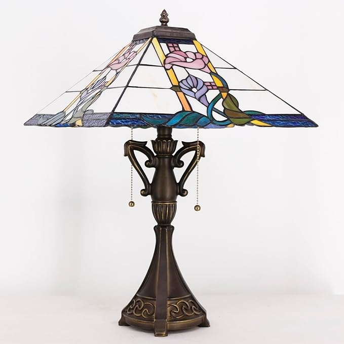 Tiffany Table Lamp Stained Glass Square Pink Flower Mission Style Desk Reading Light 16X16X24 Inch for Bedroom Living Room Home Office