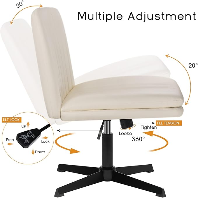 PUKAMI Criss Cross Legged Office Chair,Armless Office Desk Chair No Wheels,PU Leather Modern Swivel Vanity Chair,Height Adjustable Wide Seat Mid Back Computer Task Chair for Home Office