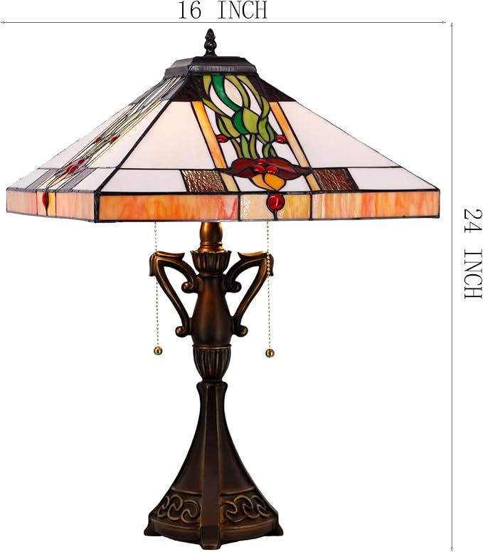 Tiffany Table Lamp Stained Glass Tulip Flower Square Geometric Mission Style Desk Reading Light 16X16X24 Inch for Bedroom Living Room Home Office