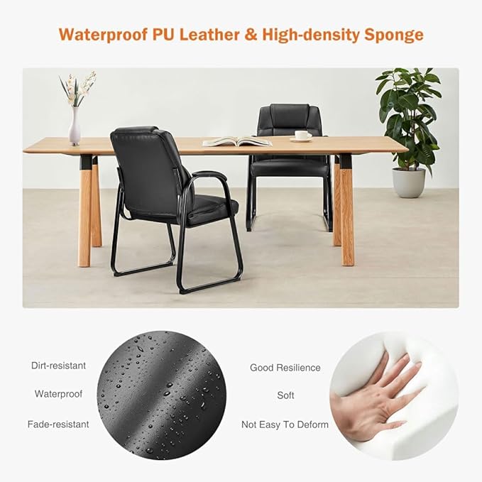 PU Leather Conference Room Chair, Tall Back Chairs with with Padded Arms and No Wheels, Guest Chairs of 2 for Reception Waiting Room Black