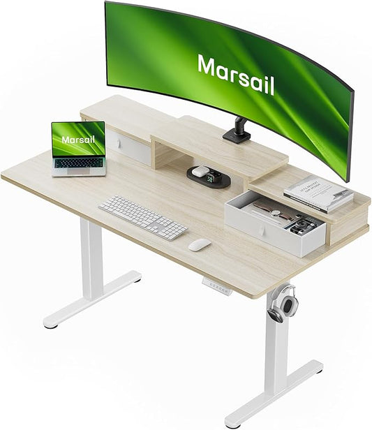 Marsail Electric Standing Desk with Drawers, 55″ x 28″ Height Adjustable Sit Stand Up Desk with Storage Shelf, Ergonomic Home Office & Computer Table with 4 Memory Heights, Maple