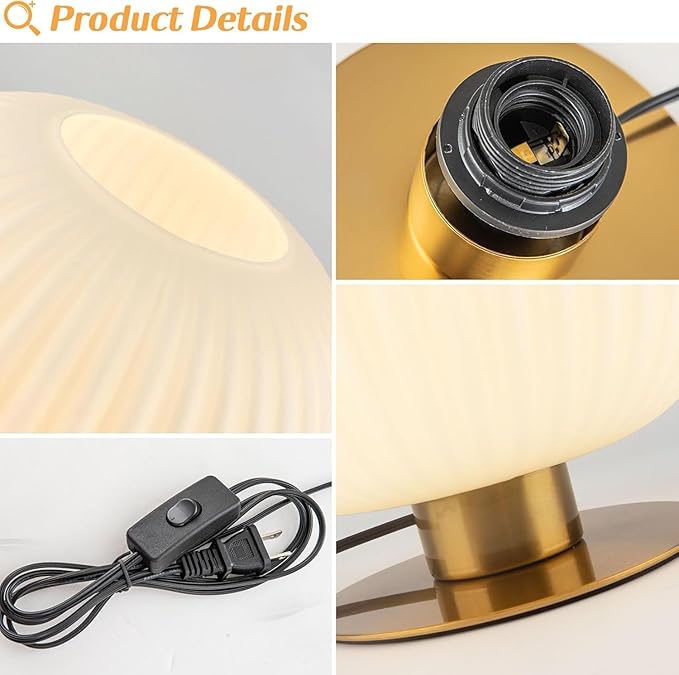 Mid Century Modern Bedside Lamp Set of 2, White Nightstand Lamp Glass Bedside Lamp with Round Metal Base, Vintage Gold Table Lamp Small Table Lamp for Bedroom Living Room Office