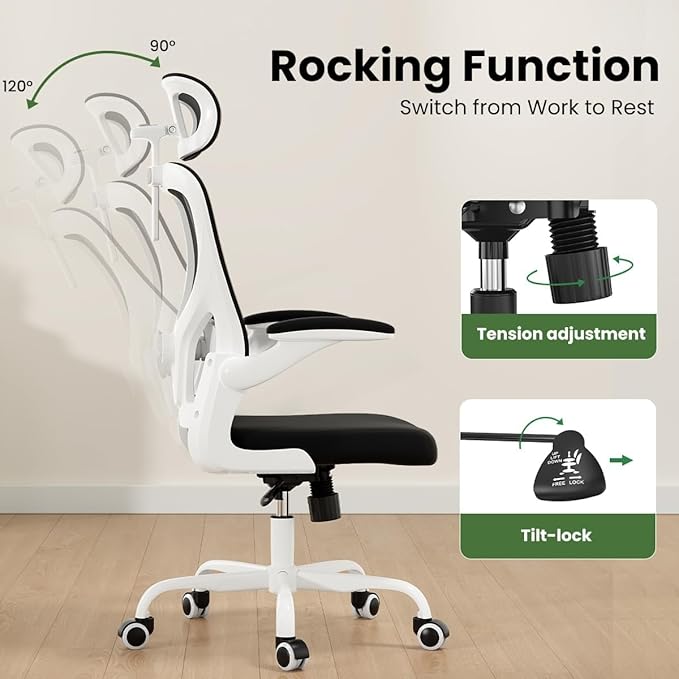 Soohow Ergonomic Office Chair, Office Mesh Desk Chair with Adjustable Lumbar Support Armrests, Comfy Computer Desk Chair with Headrest, for Home and Office, White & Black