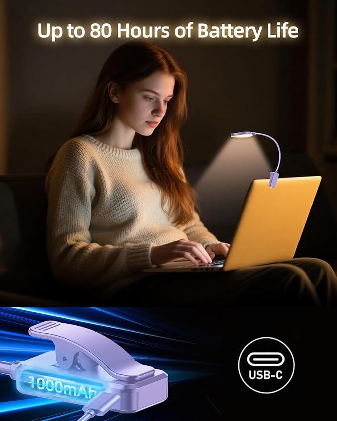 Rechargeable Book Lights for Reading at Night - Eye,3 Color Temperatures,3 Brightness Levels,Flexible Goose Neck Clip on Light,Reading Lights for Books in Bed with Power Indicator Bookworms (Purple)
