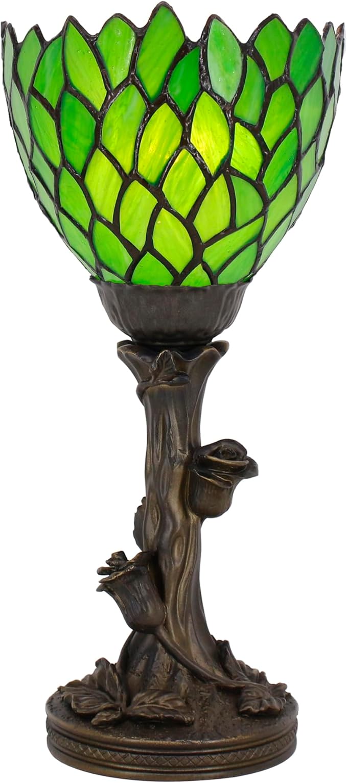 Small Tiffany Lamp Mini Stained Glass Table Lamp Green Wisteria Accent Desk Uplight W6 H13.5 Inch Bronze Resin Base
