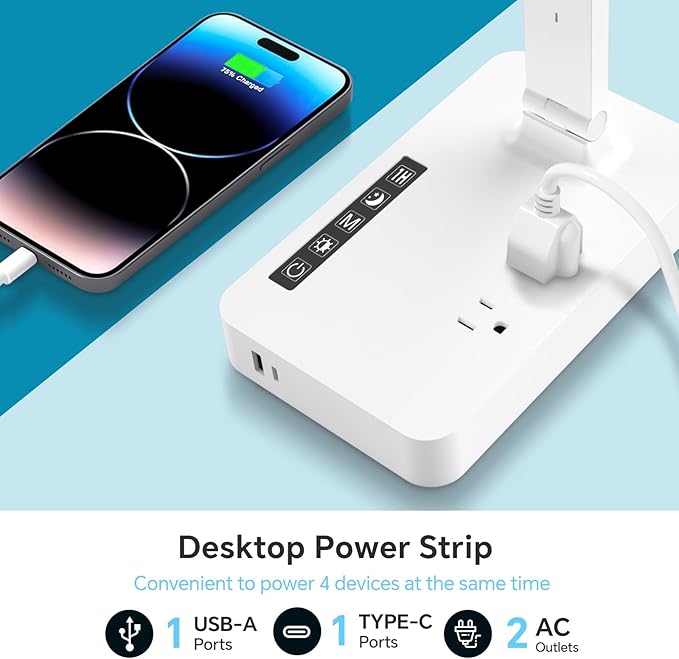 Power Strip with LED Desk Lamp, 2 Outlets 1 USB-A Ports 1 Type-C Ports, Small Desk Lamp with Surge Protection and Led Display, 5ft Extension Cord, 5 Color Modes 5 Brightness, Dorm Room Essentials