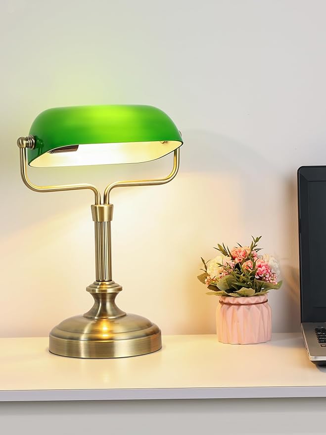 Traditional Banker's Desk Lamp with Glass Shade,Pull Chain Switch, LED Bulb Included (Antique Brass+Green+Touch)