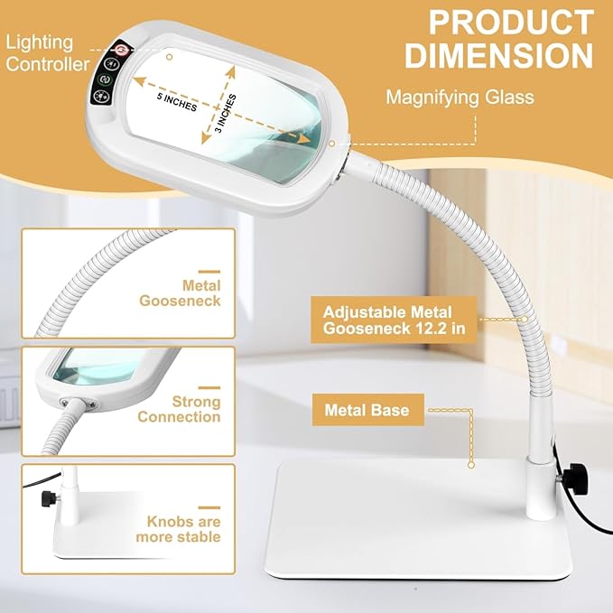 Veemagni 10X Rectangle Magnifying Glass with Light and Stand, Flexible Gooseneck LED Lighted Desk Lamp, 5 Color Modes Stepless Dimmable, Hands Free Magnifier for Reading Painting Close Work - White
