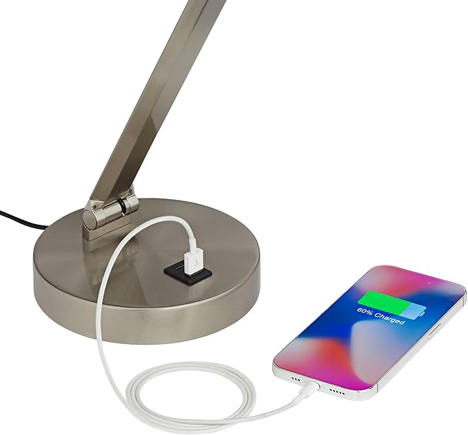 Possini Euro Design Kobie 21 3/4" High Single Modern Metal Desk Lamp Adjustable Height LED USB Port Silver Nickel Finish Family Office Living Room Charging Bedroom Bedside Nightstand House