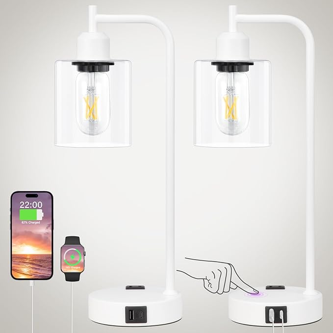 Innqoo Industrial White Table Lamps for Bedrooms Set of 2-3-Way Dimmable Desk Lamp with USB C+A Ports and Outlet, White Lamps with Clear Glass Shade for Living Room