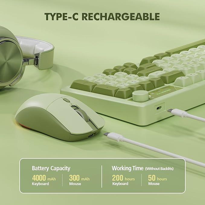 Wireless Keyboard and Mouse Combo Creamy with Number Pad for Desktop Mac iPad Bluetooth/2.4ghz/Wired Rechargeable Light up RGB Quiet Compatible with PC Laptop Tablet (Green)