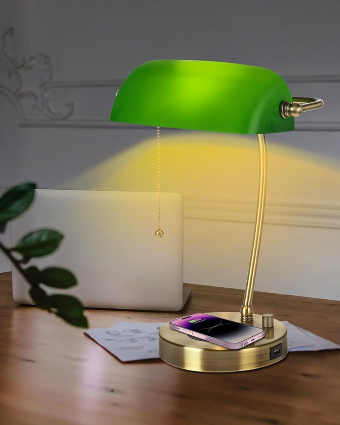 Newrays Green Glass Bankers Desk Lamp with Wireless Charger, USB Charging Port for Home Office,Stepless Dimmable Table Lamp Plug in Fixture,LED Bulb Included