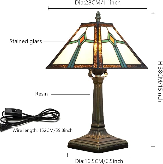 Tiffany Style Table Lamp Mission Design Stained Glass Lamp Vintage Handmade Nightstand Lamp with LED Bulbs Included for Home Living Room Bedroom Office