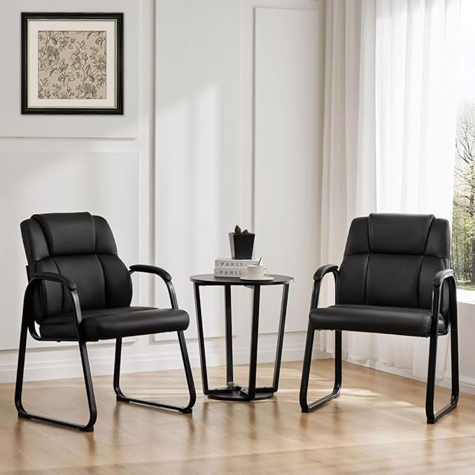 PU Leather Conference Room Chair, Tall Back Chairs with with Padded Arms and No Wheels, Guest Chairs of 2 for Reception Waiting Room Black