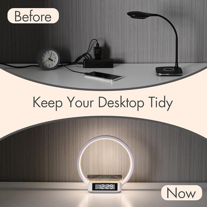 Wireless Charging Station with Alarm Clock,Bedside Lamp with Sunrise Wake-Up Light,Wireless Phone Charger,Touch Table Lamp with 3 Brightness Levels,Idea Gifts for Women,Men,Teens,Adults