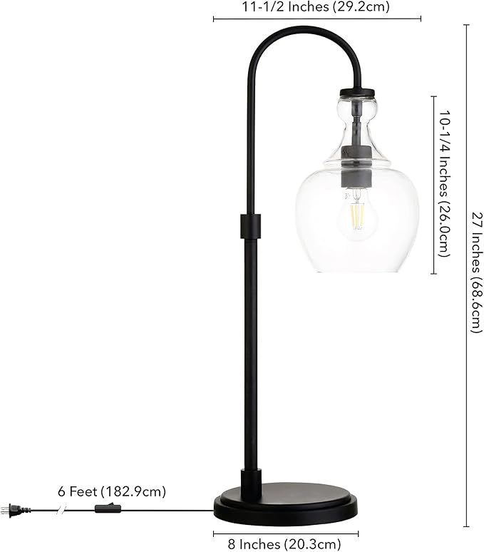Henn&Hart 27" Tall Arc Table Lamp with Glass Shade in Blackened Bronze/Clear, Lamp, Desk Lamp for Home or Office