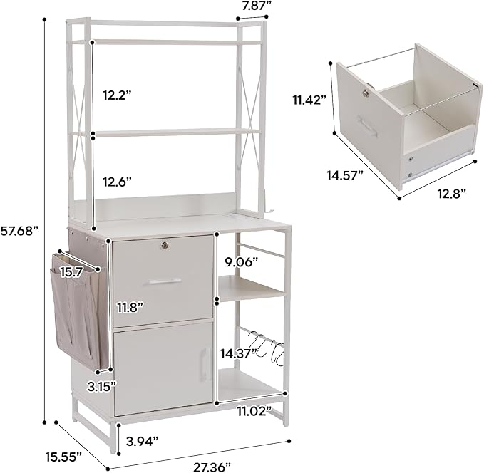 Vertical File Cabinet,Filing Cabinet with Shelves,Charging Station,Hanging Pouch and Hooks,Vertical Filing Cabinet Fits Letter/A4/Legal Size (White)