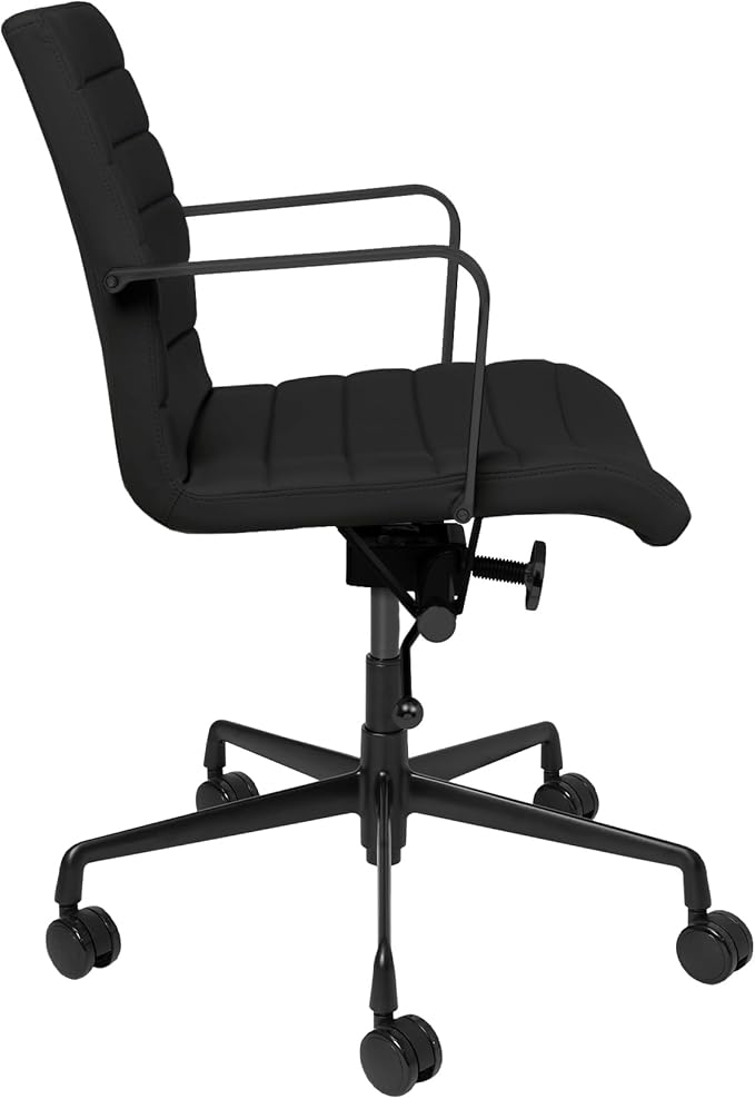 Laura Davidson Furniture SOHO II Ribbed Office Chair - Mid Back Desk Chair, Ergonomically Designed with Arm Rest & Swivel, Made of Faux Leather, All Black Limited Edition, Computer Chair