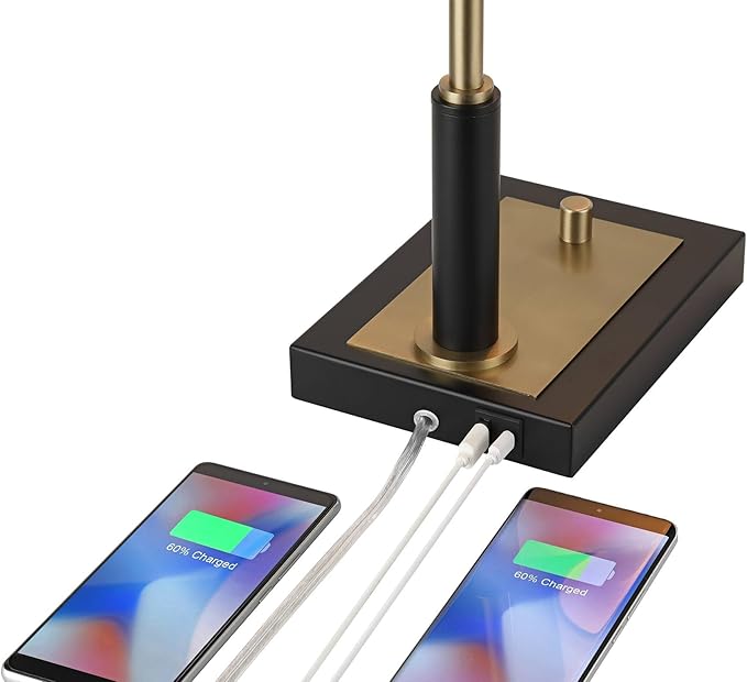 Possini Euro Design Cartwright 32" Tall Large Modern Glam Luxe Desk Lamps Set of 2 USB Port Black Gold Brass Finish Metal White Shade Home Office Living Room Charging Bedroom Bedside Nightstand
