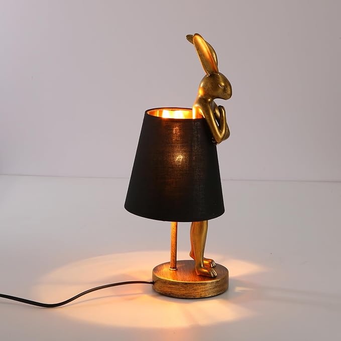 LED Bunny Table Lamp, Resin Animal Rabbit Desk Light with Linen Shade, 15.7 Inch Decorative Lamp for Bedroom, Office & Kids Room (15.7" Black Shade)